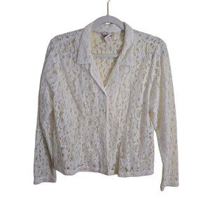 April Cornell White Lace Collared Sheer Covered Button Blouse Size S